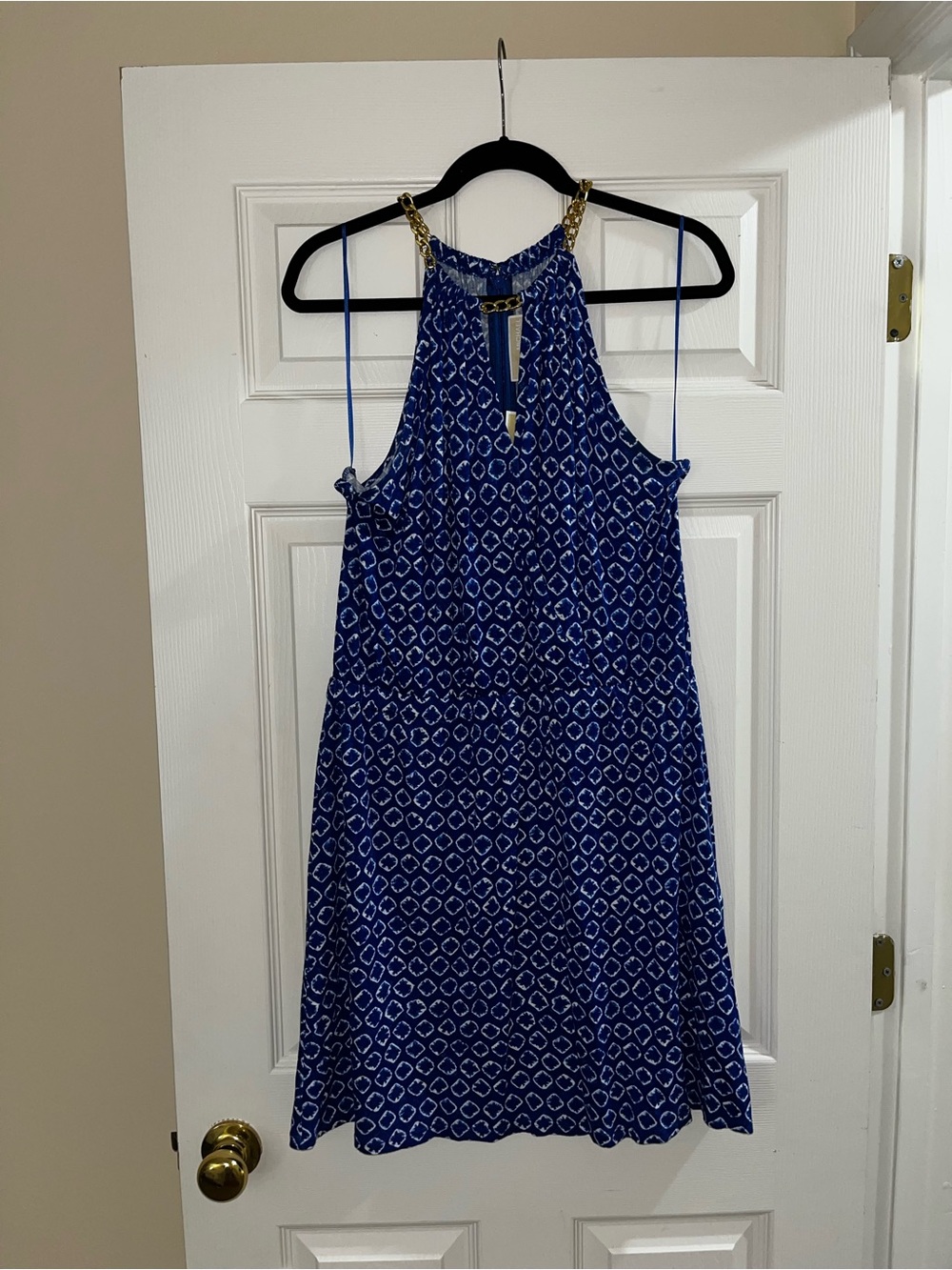 Michael Kors Blue Sleeveless Halter Dress with Gold Chain Detail